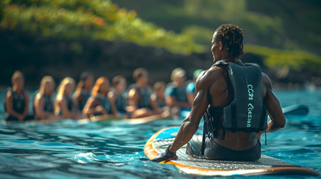 Rear view of a man with surfboard standing in the poolの素材