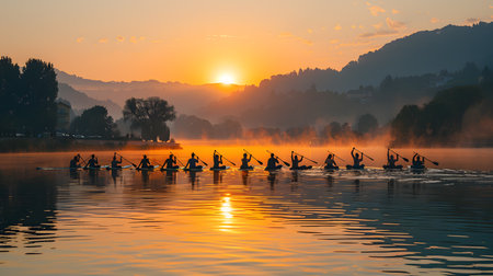 Fishermen rowing on the lake in the morning at sunriseの素材