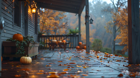 Autumn landscape with pumpkins on the porch of a wooden houseの素材