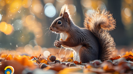 Squirrel in autumn forest with acorns and nuts. Nature backgroundの素材