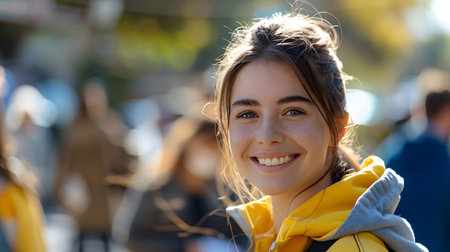 Portrait of a beautiful young woman with long brown hair, wearing yellow jacket, smiling and looking at the camera.の素材