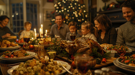 Happy family having Christmas dinner at home. Selective focus.の素材