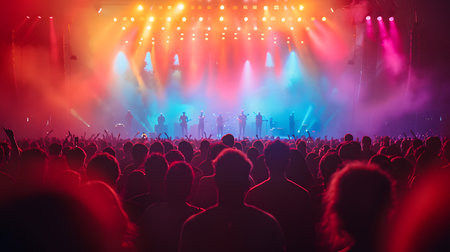 Concert crowd in front of a bright stage with lights and smokeの素材