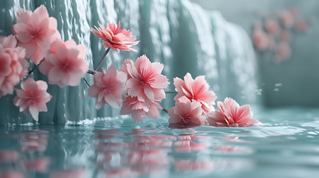 Cherry blossoms in vase on water surface. 3D renderingの素材