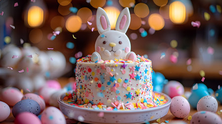 Easter cake with bunny and colorful eggs on the background of a bokehの素材