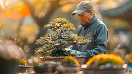 Bonsai tree in a pot with a man in the backgroundの素材