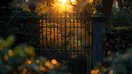 Wrought iron gate in the garden at sunset. Selective focus.の素材