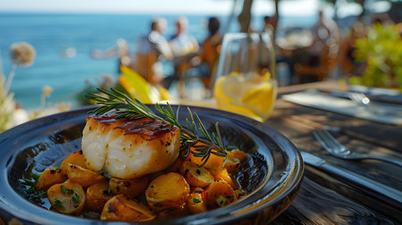 Grilled scallops with rosemary on a wooden table.の素材