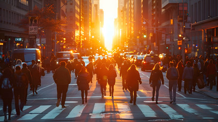 Pedestrians cross the street at sunset.の素材