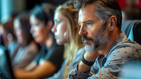 Portrait of a senior man with gray hair and beard sitting in front of a group of people in a conference hallの素材