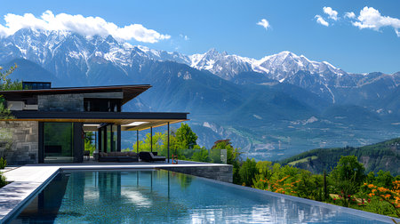 3d rendering of modern cozy house with pool and parking for sale or rent in luxurious style and beautiful mountains on background. Clear sunny summer day with blue sky.の素材