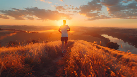 Runner athlete running on mountain trail at beautiful sunset. Woman fitness jogging workout wellness concept.の素材