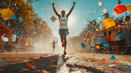 Runners at the finish line of the marathon. Sport and healthy lifestyle.の素材