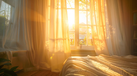 Sunset light through the window with curtain in the bedroom at homeの素材