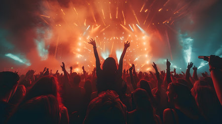 Crowd cheering at a live music concert with fireworks in the backgroundの素材