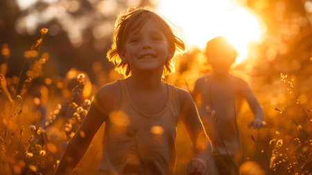 Happy little boy and girl running in summer field at sunset. Beautiful nature background.の素材