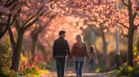 Couple in love walking in a blooming cherry blossom gardenの素材