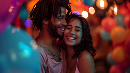 Beautiful multiethnic couple in love celebrating Valentine's Dayの素材
