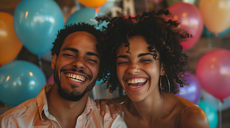 Happy african american couple in love having fun at birthday partyの素材