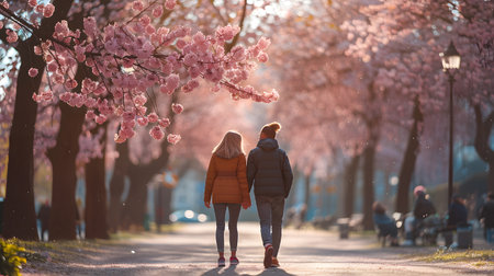 Couple walking in the park with cherry blossom trees in spring.の素材