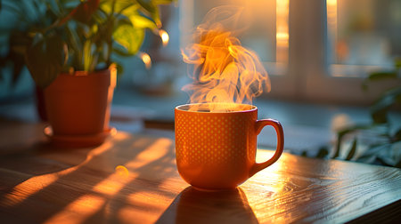 Cup of hot coffee on wooden table in morning sunlight, closeupの素材