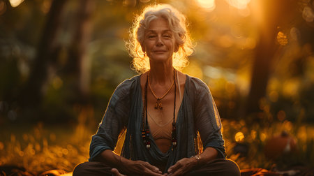 Senior woman meditating in the park at sunset. Meditation concept.の素材