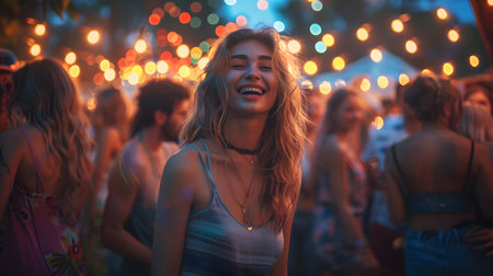 Happy young woman dancing at a music festival on a summer evening.の素材