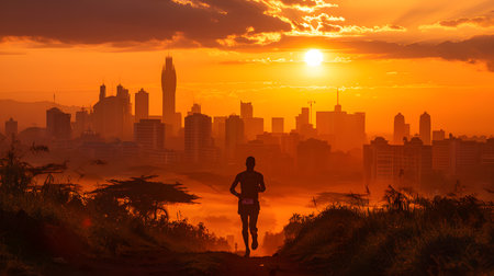 Silhouette of a woman running at sunrise in the city.の素材