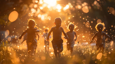 Cute little kids having fun on the meadow at sunset.の素材