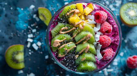 Chia seeds pudding with fresh fruit, kiwi, mango and chia seeds in glass bowlの素材