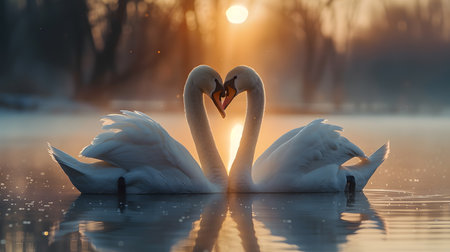 Two graceful white swans swimming on a lake at sunrise. The mute swan, Cygnus olorの素材