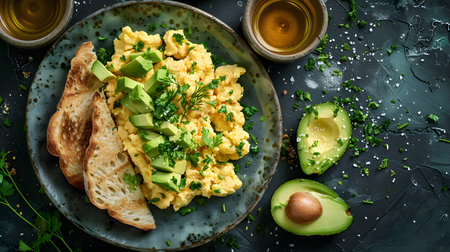 Scrambled eggs with avocado and parsley on a dark backgroundの素材