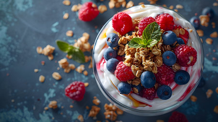Greek yogurt with granola and fresh berries in glass on blue backgroundの素材