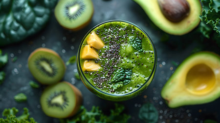 Healthy green smoothie with avocado, kiwi and chia seedsの素材