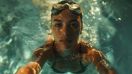 Beautiful young woman in swimming pool. Portrait of a girl in the water.の素材