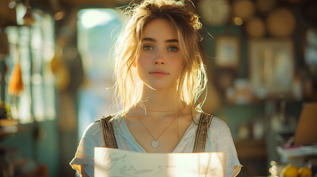 Portrait of a beautiful young woman in a cafe, holding a menuの素材
