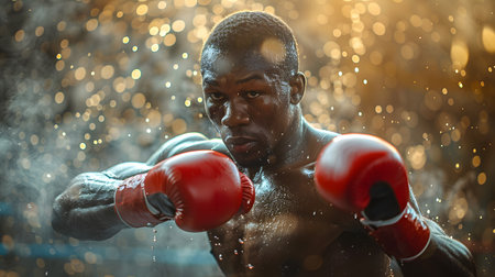 Portrait of african american boxer in red boxing gloves on dark backgroundの素材