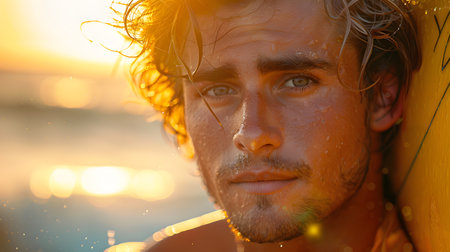 Portrait of a young handsome man on the beach at sunset.の素材