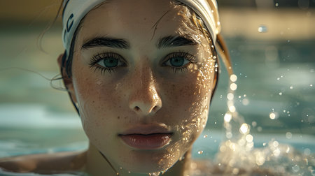 Portrait of a beautiful young woman in a swimming pool with water drops.の素材