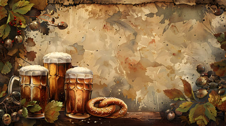 Beer mugs and pretzel on grunge background with autumn leaves.の素材