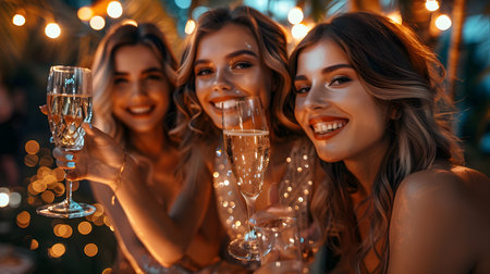 Beautiful young women holding glasses of champagne while celebrating birthday in restaurantの素材