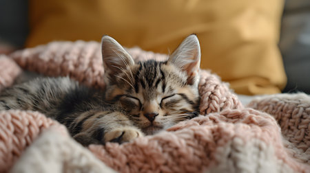 Cute little kitten sleeping on plaid at home, closeupの素材