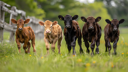 Group of cows grazing on a green meadow in the Netherlands.の素材