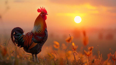 Beautiful rooster in the meadow at sunset. Beautiful rooster in nature.の素材