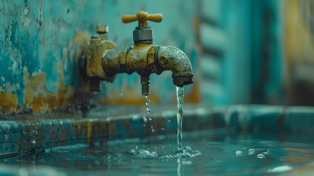 Faucet with running water, close up view, selective focusの素材