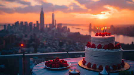 Beautiful wedding cake on the background of the New York City skylineの素材
