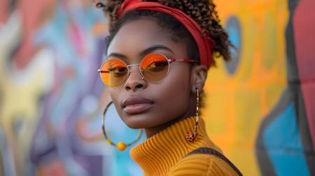 stylish african american girl in sunglasses and orange turtleneck on graffiti backgroundの素材