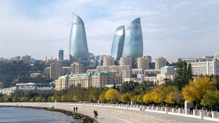 Baku, Azerbaijan - October 18, 2014: Flame towers in Baku cityscapeのeditorial素材