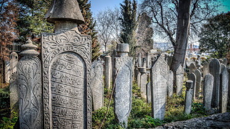 Istanbul, Turkey - March 3, 2013: The ottoman sultan historic old tombstone in the Eyup cemeteryのeditorial素材