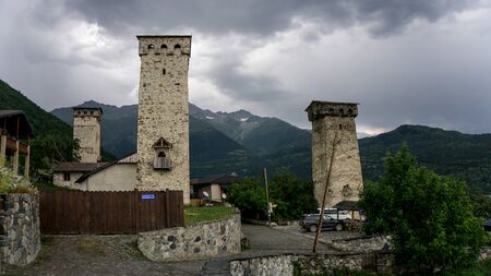 Ushguli, Georgia - August 2, 2015: Rock towers of Ushguli, Upper Svaneti, Georgia, Europeのeditorial素材